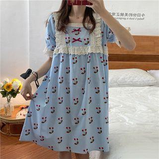 Short-sleeve Lace Trim Print Sleep Dress