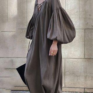 Lantern-sleeve Lace-up Maxi Shift Dress