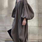 Lantern-sleeve Lace-up Maxi Shift Dress