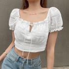 Puff-sleeve Square Neck Perforated Cropped Blouse