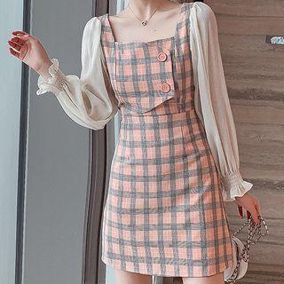Puff Sleeve Square Neck Plaid Panel Shift Dress