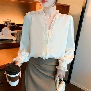 Long Sleeve V-neck Frill Trim Chiffon Blouse