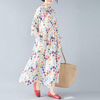 Elbow-sleeve Dotted Midi Dress White - One Size