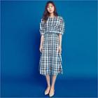 3/4-sleeve Madras-check Midi Dress With Belt