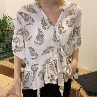 Leaf Print Short-sleeve Wrap Blouse
