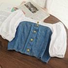 Puff-sleeve Denim Panel Cropped Blouse Blue - One Size