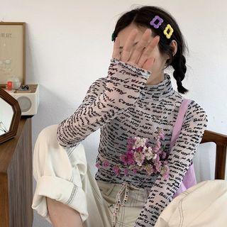 Lettering Mock-turtleneck Long-sleeve Top As Shown In Figure - One Size