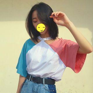 Cutout Panel Elbow-sleeve T-shirt