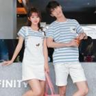 Couple Matching Set : Stripe Short-sleeve T-shirt + Shorts / Pinafore