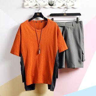 Set: Elbow-sleeve Striped Paneled T-shirt + Cargo Shorts