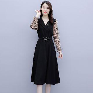 Long-sleeve Print V-neck Midi A-line Dress