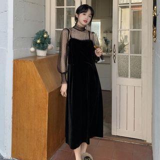 Mock Two Piece Mock-neck Polka Dot Velvet Dress