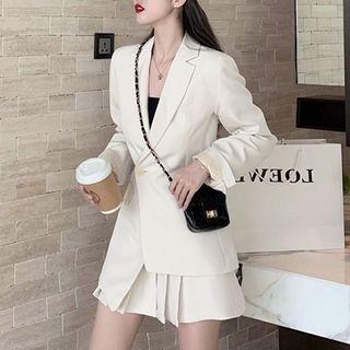 Set : One Button Asymmetrical Blazer + High-waist Pleated Mini Skirt