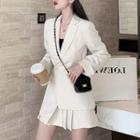 Set : One Button Asymmetrical Blazer + High-waist Pleated Mini Skirt