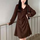 Collar Shirred Midi A-line Dress