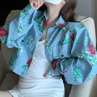 Flower Print Cropped Denim Jacket Light Blue - One Size