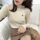 Plain Mock-neck Slim-fit Long-sleeve Knit Top