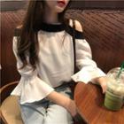 Bell Sleeve Contrast Trim Cold Shoulder Chiffon Top