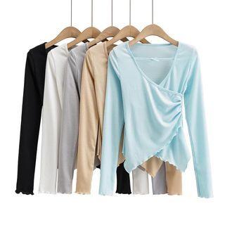 Long-sleeve V-neck Irregular Fitted Top