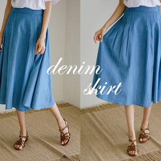 Pintuck Denim Midi Flare Skirt