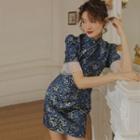 Mesh Trim Short-sleeve Mini Qipao