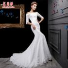 Elbow-sleeve Lace Trained Mermaid Wedding Gown