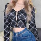Long-sleeve Plaid Crop T-shirt