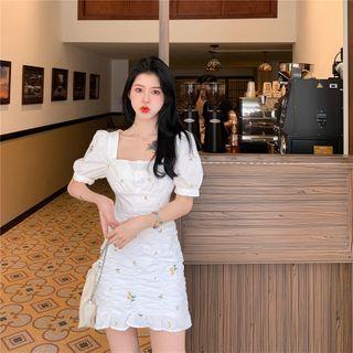Short-sleeve Floral Embroidered Mini Sheath Dress