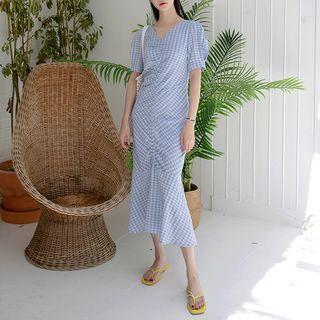 Shirred Checked Maxi Mermaid Dress