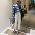 Off-shoulder Stripe Cable-knit Sweater/ Cropped Straight-leg Pants