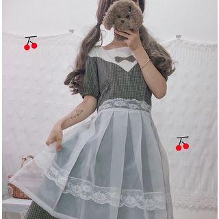 Plaid Puff Sleeve A-line Dress / Lace-trim Mesh Skirt