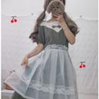 Plaid Puff Sleeve A-line Dress / Lace-trim Mesh Skirt