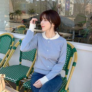 Contrast-collar Faux-pearl Knit Top Dark Sky Blue - One Size