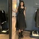 Sleeveless Floral A-line Midi Dress Black - One Size