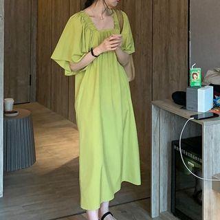 Short-sleeve Shirred Midi A-line Dress Mustard Green - One Size