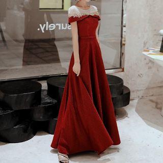 Mesh Panel Short-sleeve A-line Evening Gown