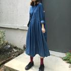 Long-sleeve Denim A-line Loose-fit Dress Blue - One Size