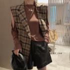 Long-sleeve Cold-shoulder T-shirt / Double Breasted Plaid Vest