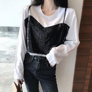 Mock Two-piece Long-sleeve Sequined T-shirt
