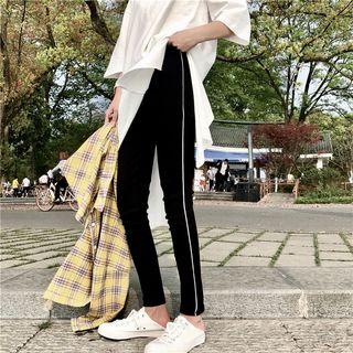 Set: Plain Elbow Sleeve Long T-shirt + Contrast Trim Leggings