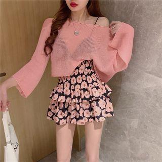 Set: Plain Sweater + Floral A-line Skirt