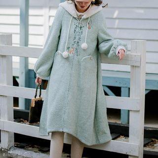 Fluffy-lined Floral Embroidered Long Hoodie
