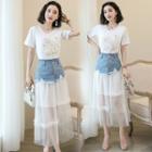 Set: Short Sleeve Swan Applique T-shirt + Denim Mesh Panel Skirt