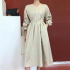 V-neck Shirred-sleeve Midi A-line Dress