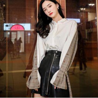 Plaid Panel Bell-sleeve Shirt