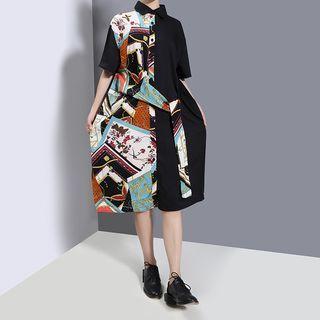 Short-sleeve Print Panel Midi Shirt Dress