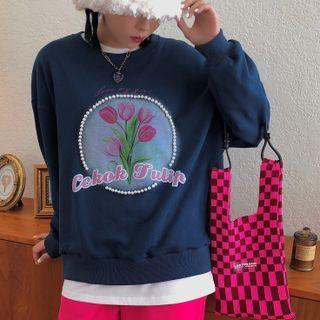 Long-sleeve Round-neck Tulip Print Pearl Sweatshirt
