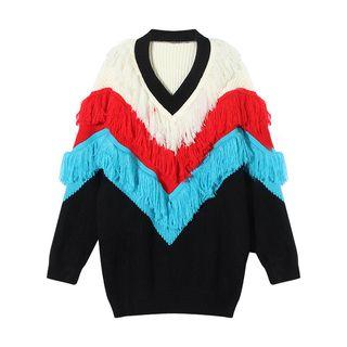 V-neck Fringed Trim Sweater