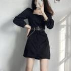 Long-sleeve Square-neck Mini Dress With Belt