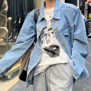 Plaid Shirt / Shoulder Padded Denim Jacket